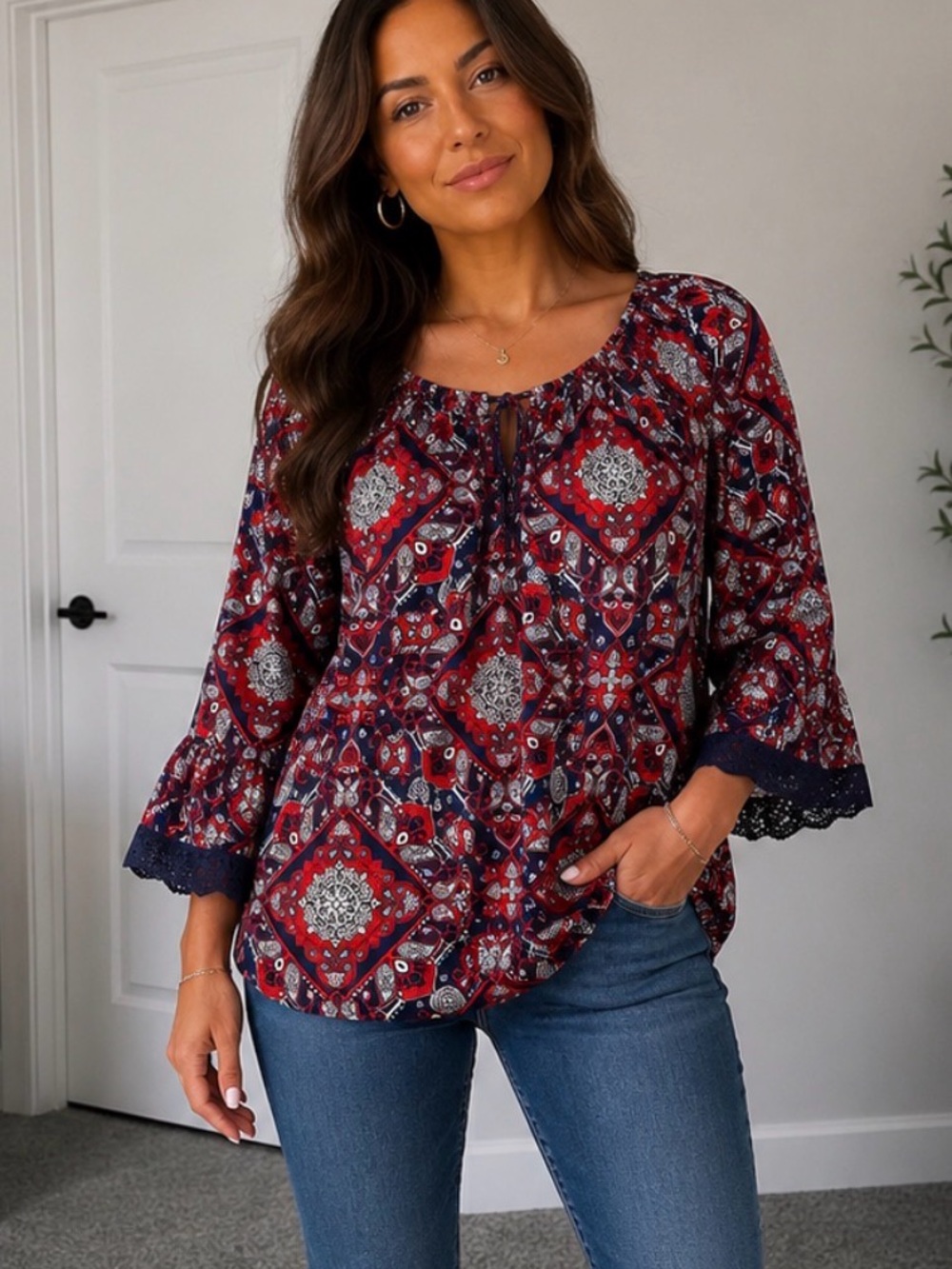 Ruby Rd. Red & Navy Printed Long-Sleeve Tunic , I would say s- med